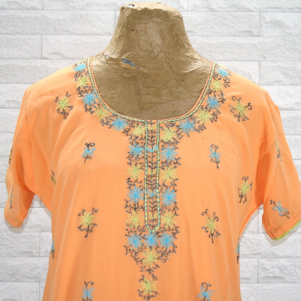 HANDMADE Kurta Peach Tunic Dress Turquoise Floral Silver Embroidered Top Ethnic - Picture 2 of 14